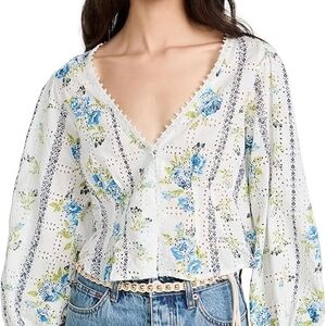 Free People White Floral Blouse with Blue and Green Accents
